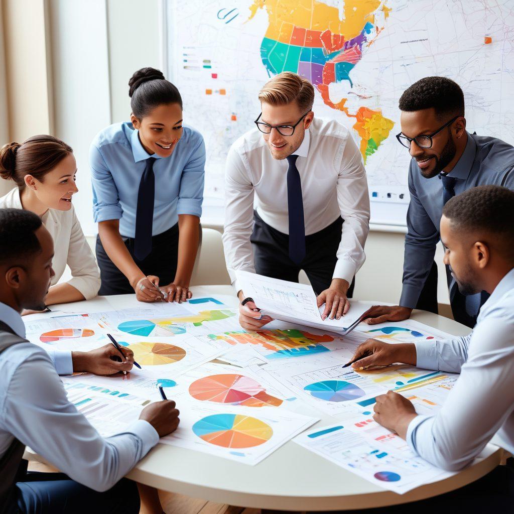 A visually striking scene featuring a diverse group of professionals discussing insurance options around a large table, maps and charts displayed in the background, a glowing light bulb symbolizing innovative ideas above their heads, and a variety of insurance policy documents scattered on the table. The atmosphere is dynamic and inspirational, conveying teamwork and expert advice. super-realistic. vibrant colors. light background.