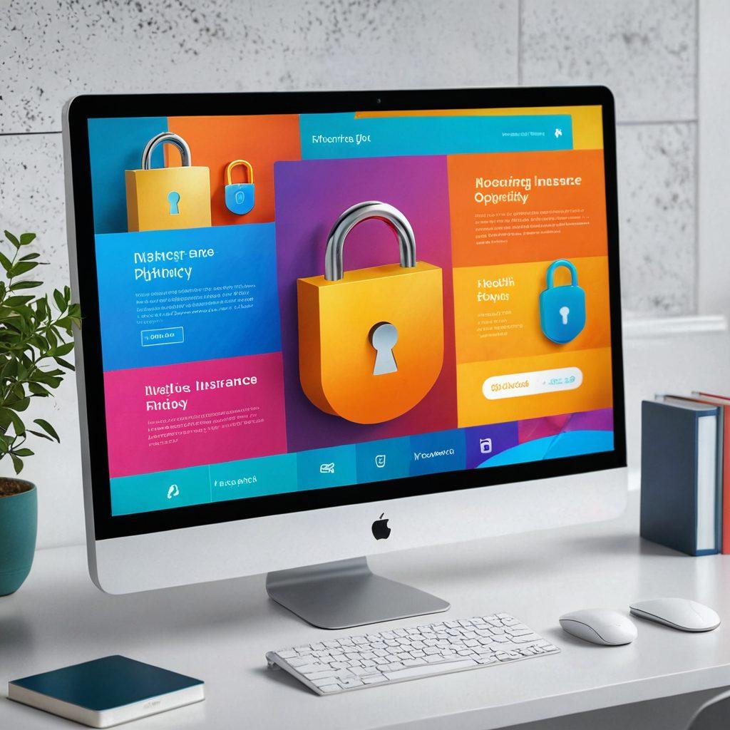 A digital lock symbolizing 'unlocking' next to a computer screen displaying various insurance policy options. Surrounding the screen, visual representations of different coverage types such as health, auto, and home insurance. Bright and inviting colors to convey a sense of opportunity and clarity. The background features abstract shapes to suggest a modern digital landscape. vibrant colors. modern design. 3D.