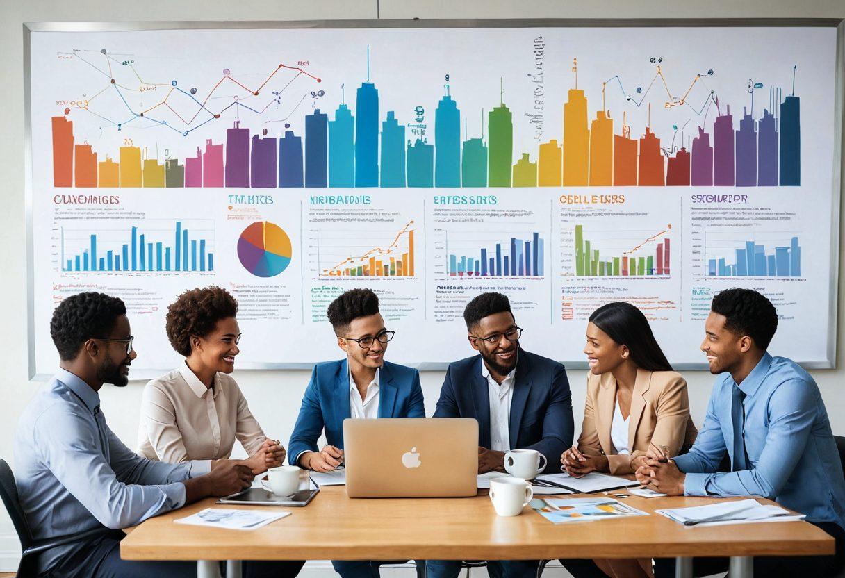 A diverse group of people gathered around a table, engaged in a lively discussion about insurance policies, surrounded by colorful infographics illustrating resources, networking connections, and support systems. Include elements like laptops, papers, and coffee cups to reflect collaboration and community. The background features a vibrant city skyline symbolizing growth and opportunity. super-realistic. vibrant colors. white background.